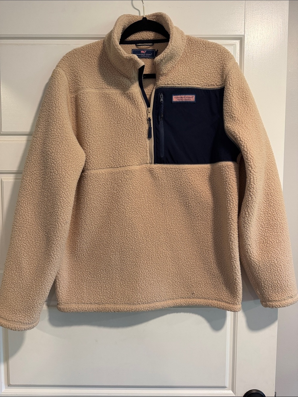 Vineyard Vines Tan Sherpa Pullover with Navy Chest Pocket